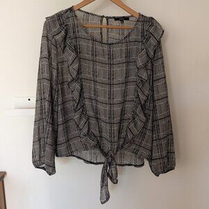 Blashe Women's Sheer Blouse Plus 1X Houndstooth Black White Ruffles Long Sleeve